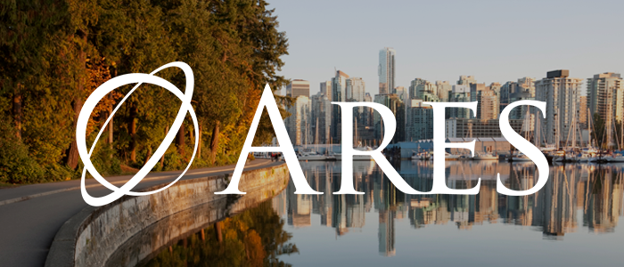 Ares logo on top of a scenery of a road and trees and lake and on which buildings reflected.