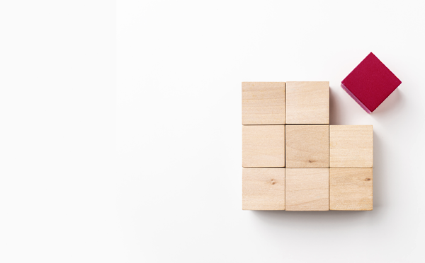 Neuf cubes de bois sont réunis, dont un de couleur bordeaux Renaissance.